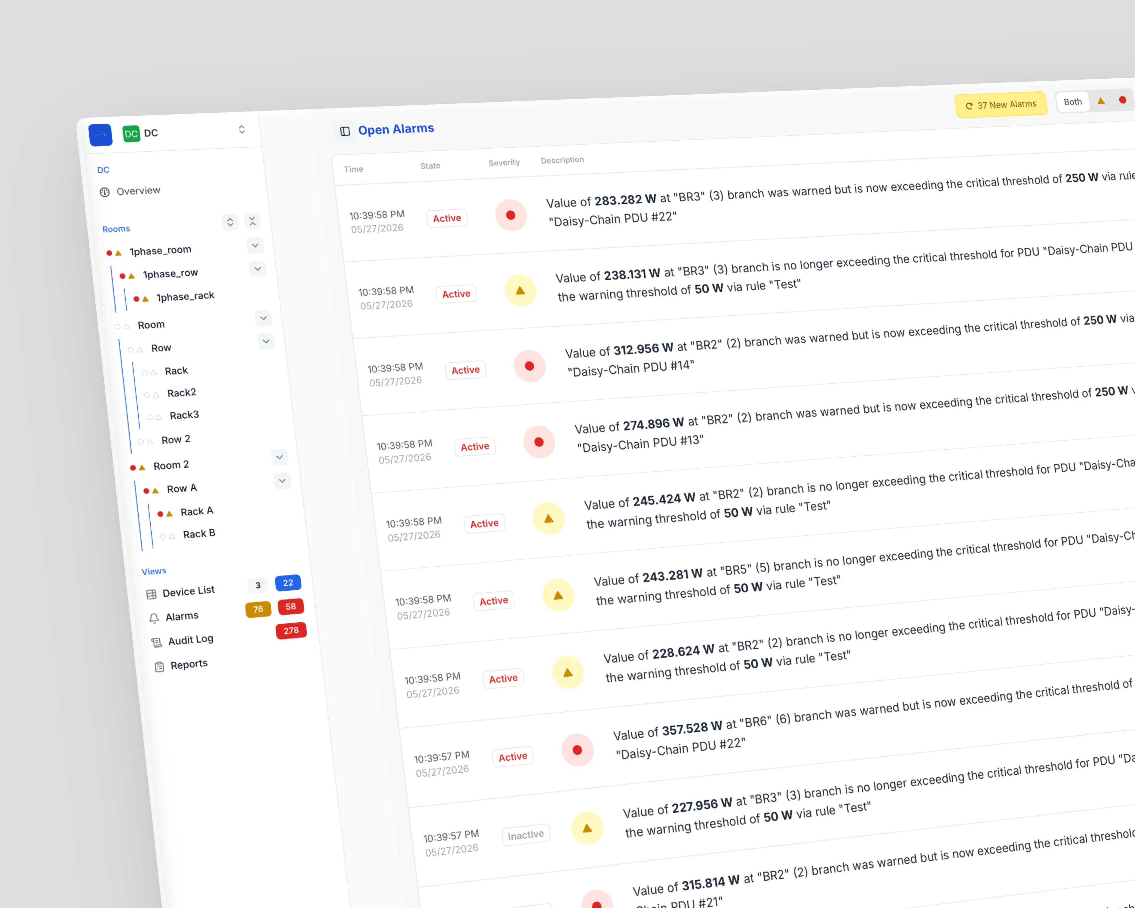 Open Alarms view listing active and inactive alerts with severity icons and contextual descriptions tied back to specific PDUs and branches