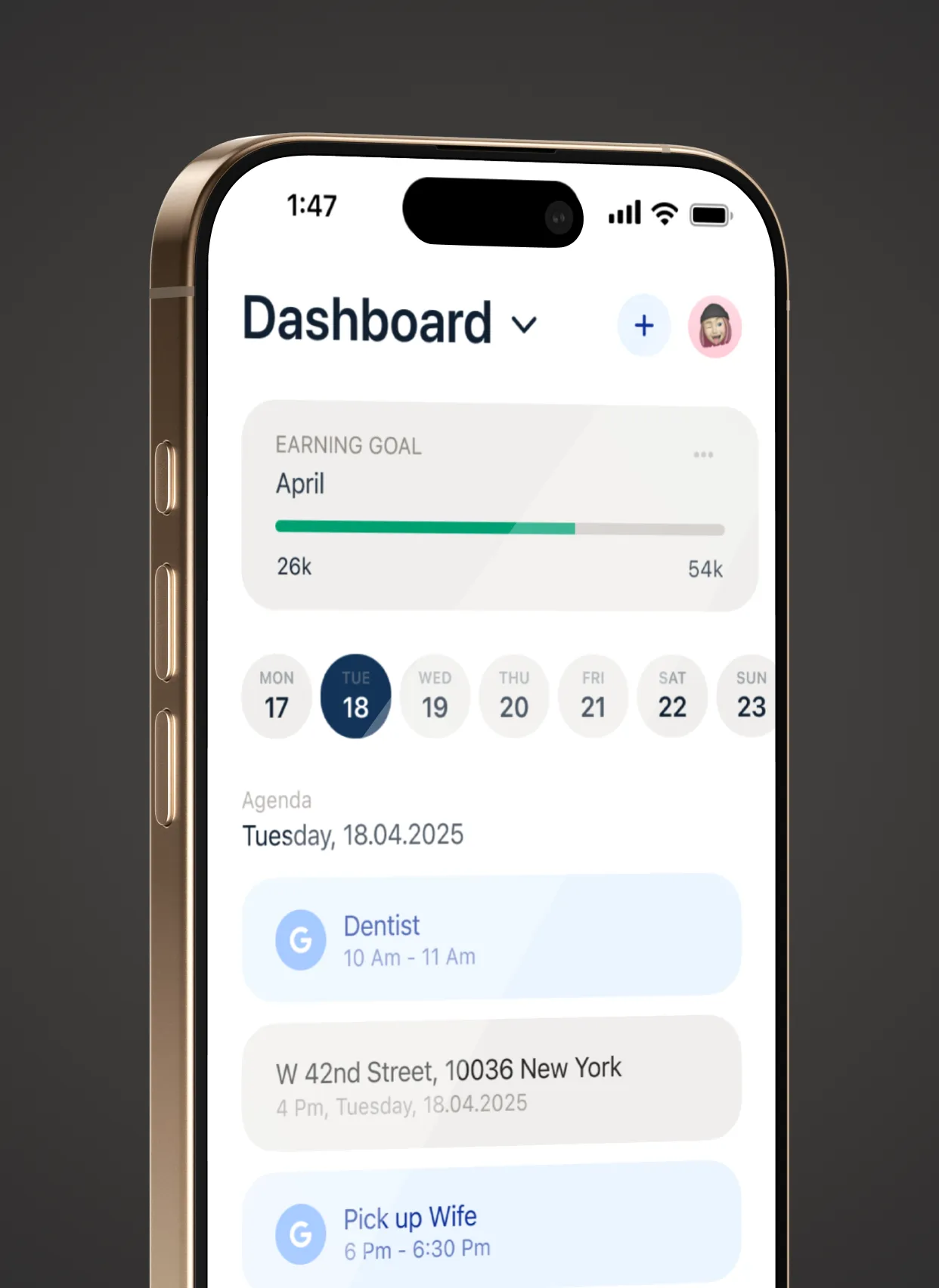 AEYES inspector dashboard with earnings goal and agenda