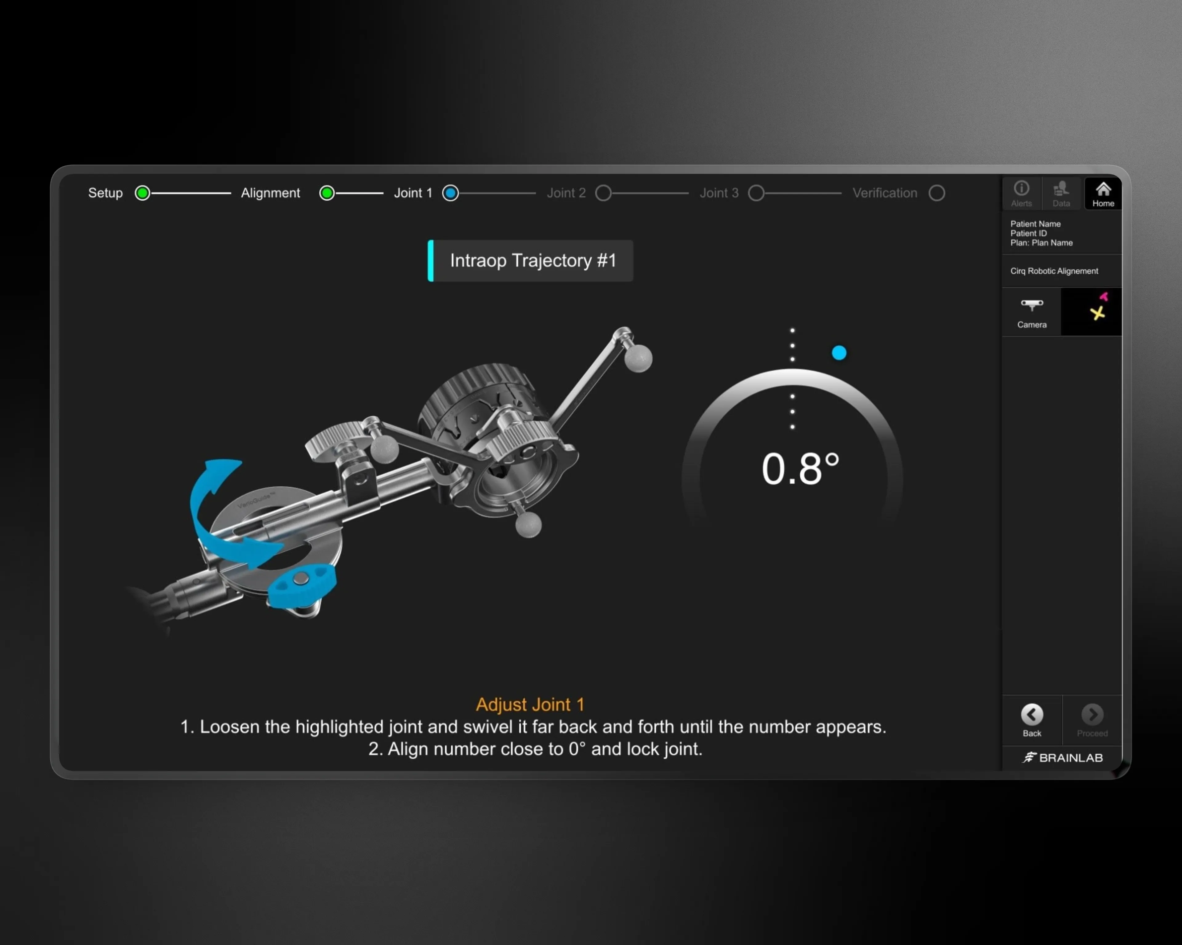 VarioGuide alignment dialog showing the Joint 1 step with circular gauge displaying 0.8 degrees and a 3D rendering of the surgical instrument