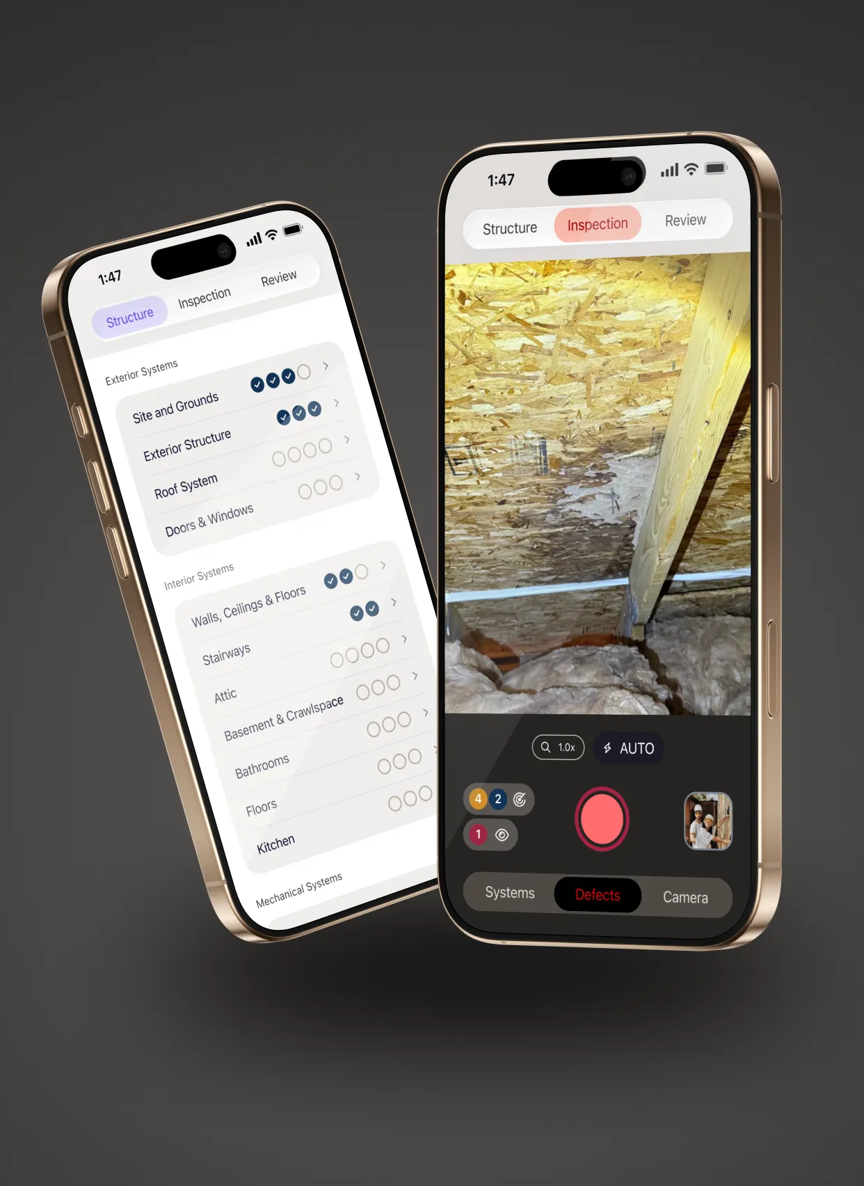 Two iPhones showing the AEYES Structure list and the live capture view with a defect photo
