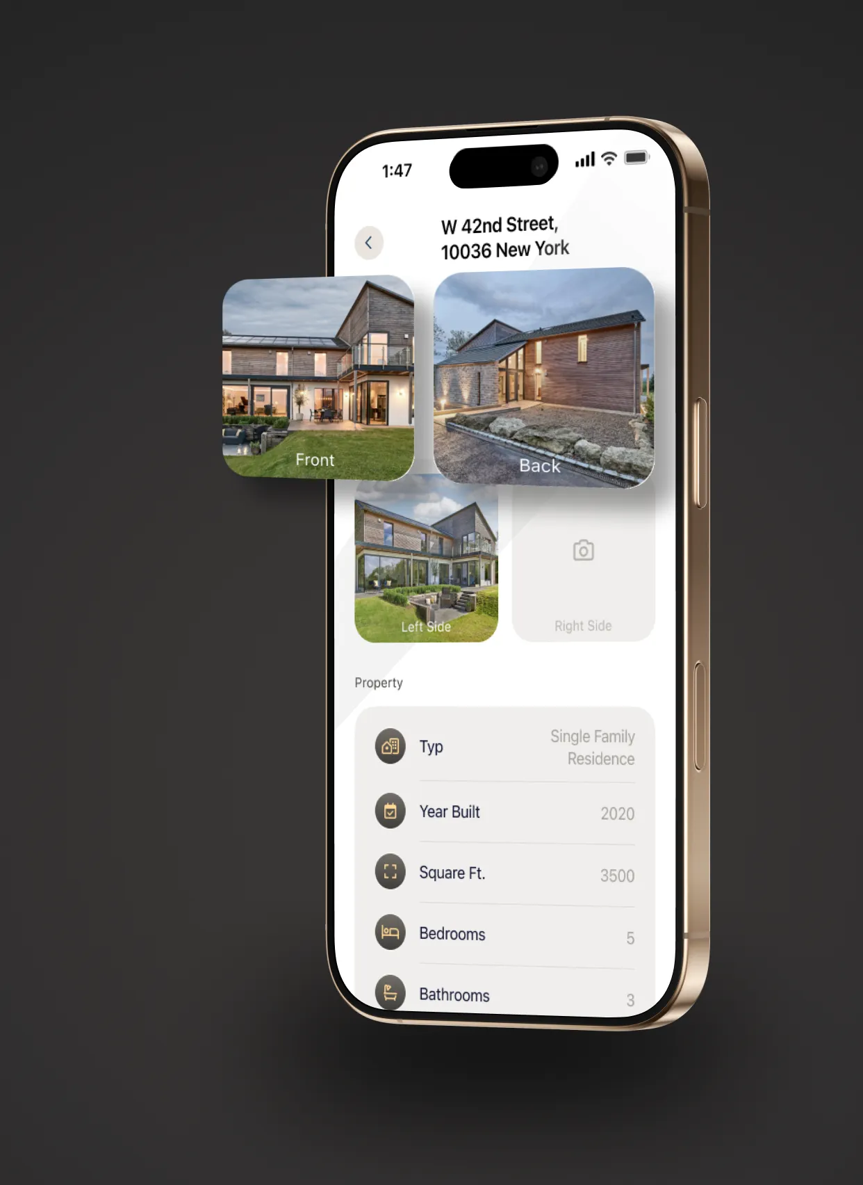 Property detail screen with photo carousel and property metadata