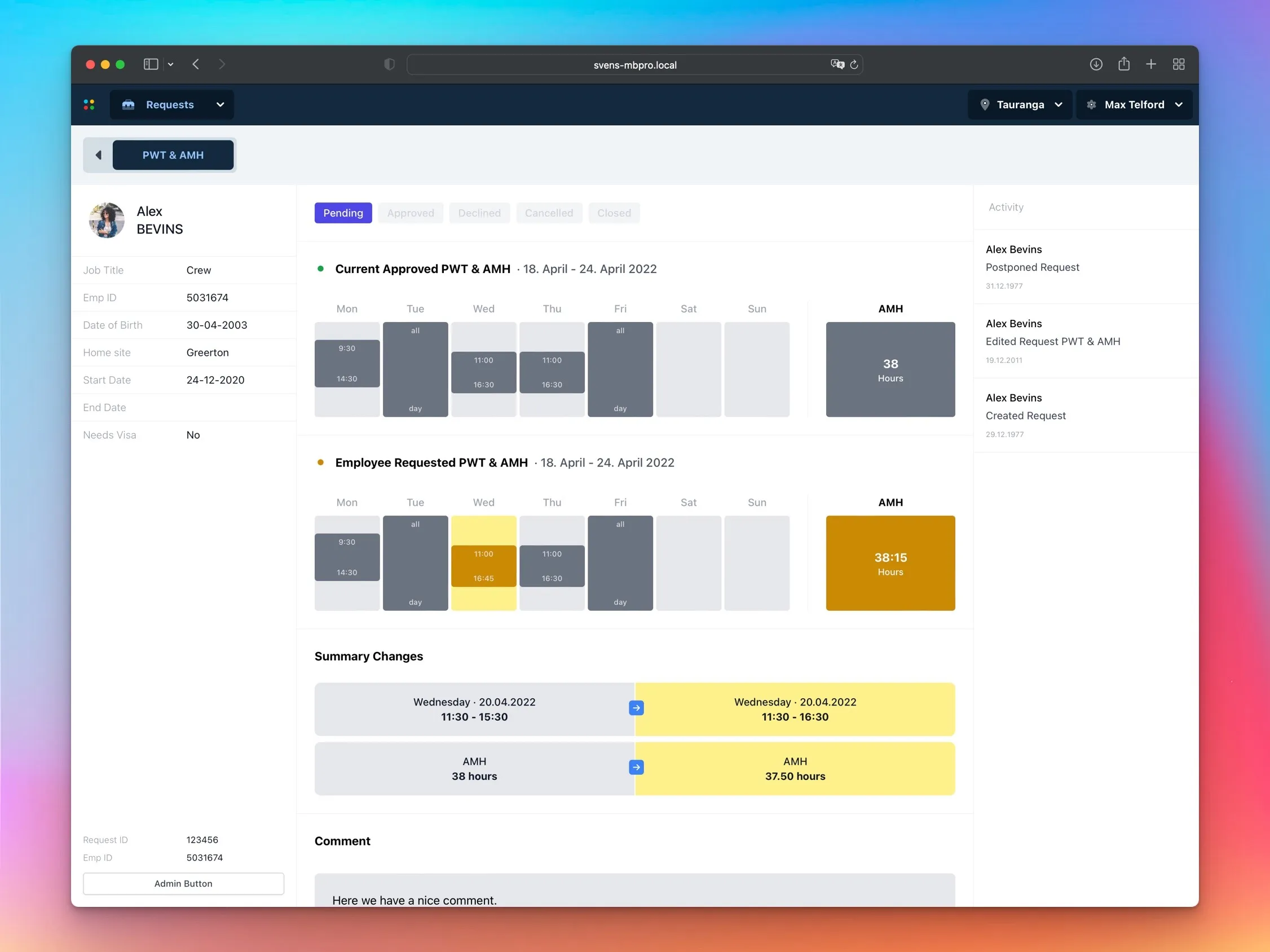 Requests detail view showing side-by-side comparison of currently approved schedule and employee-requested change with a Summary Changes section highlighting differences