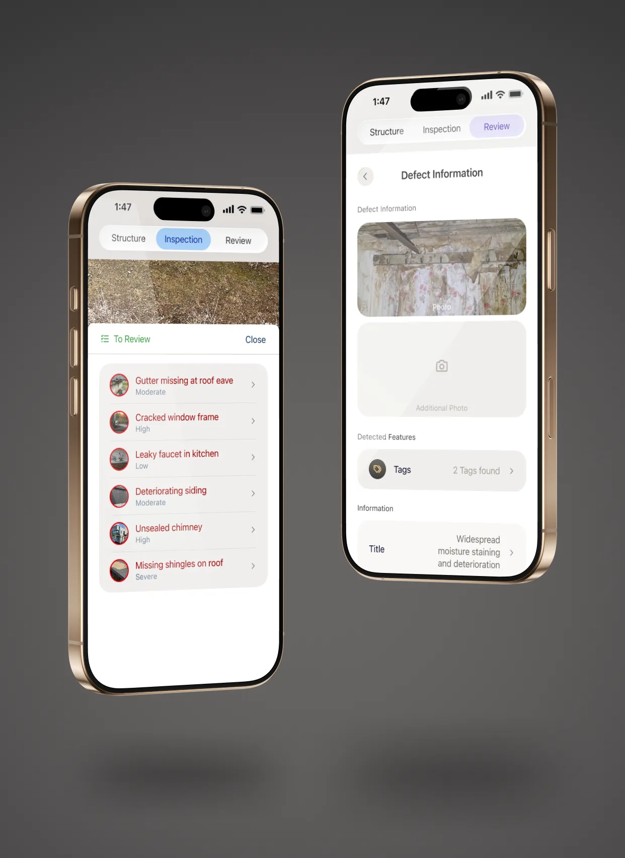 Two iPhones showing the review queue of detected issues and the defect detail view