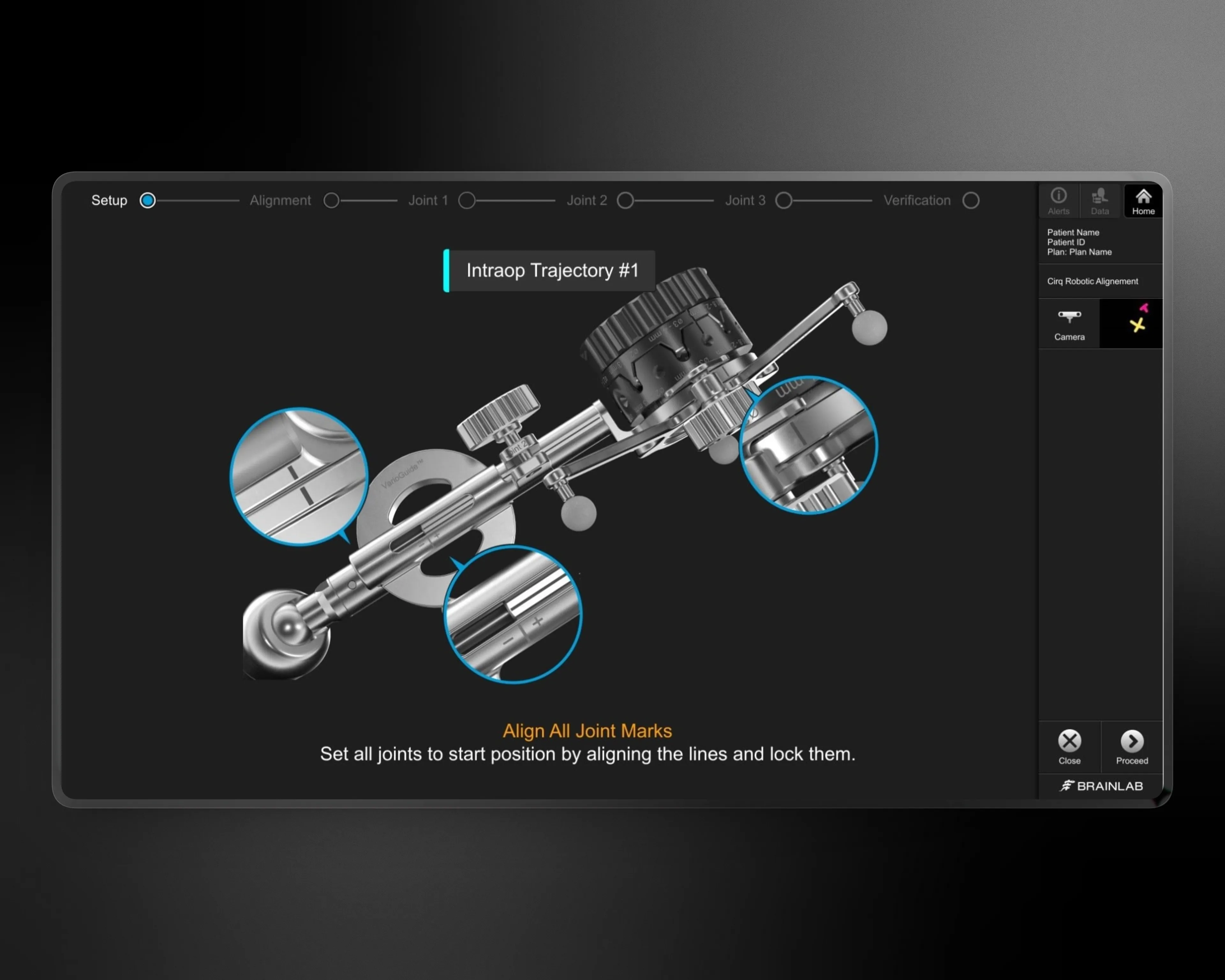 Setup screen showing the full instrument with zoomed-in callouts highlighting joint marks to align to a starting position