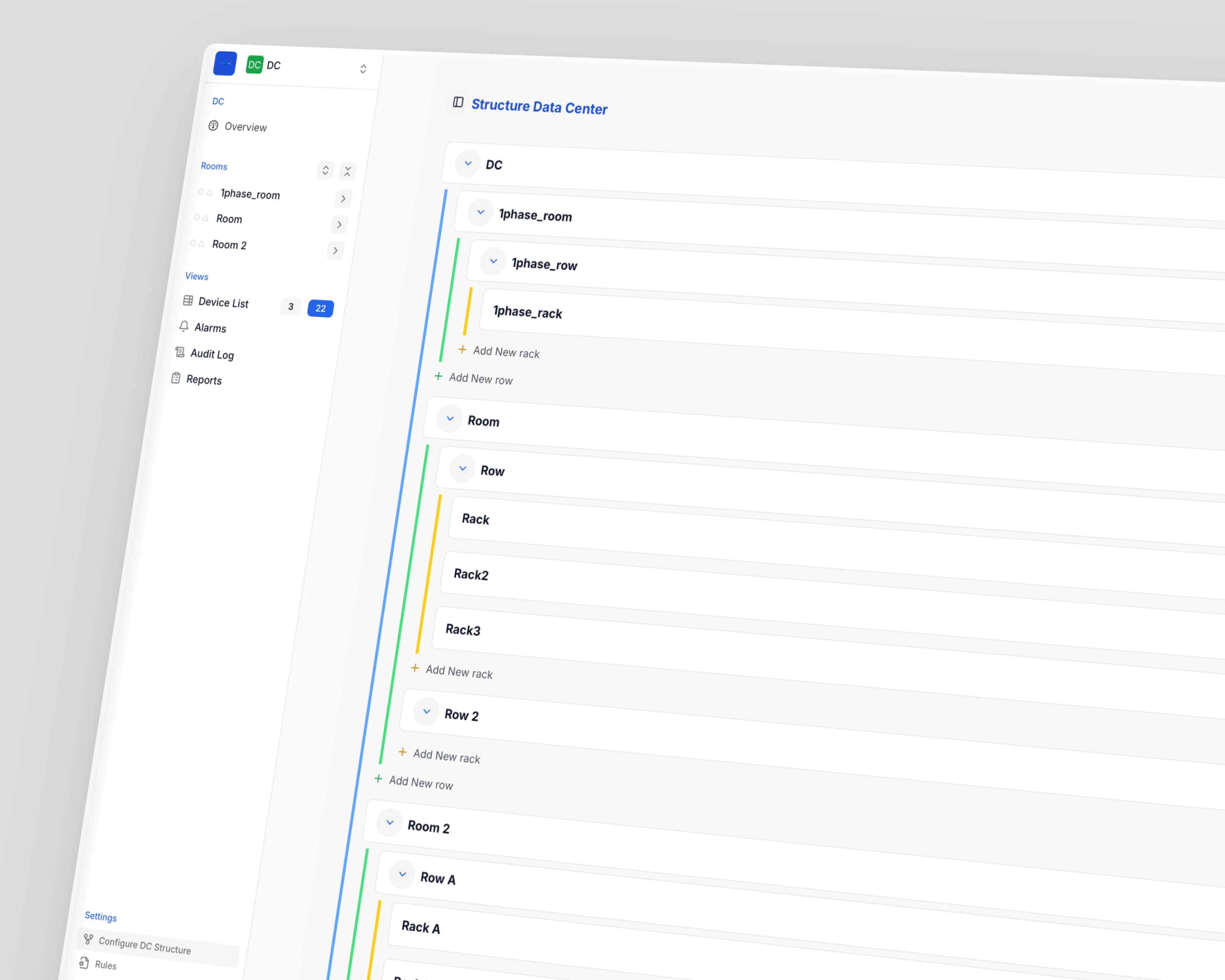 Configure DC Structure screen with a visual, collapsible tree editor and inline add, delete, and settings actions for rooms, rows, and racks