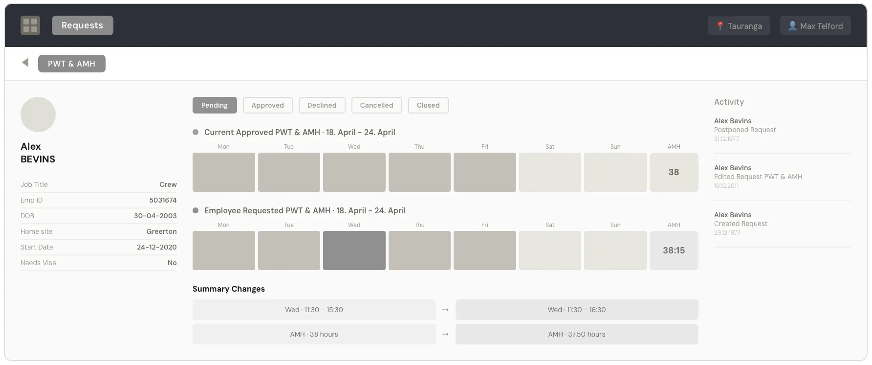 Mid-fidelity wireframe of the Requests detail view with side-by-side comparison layout